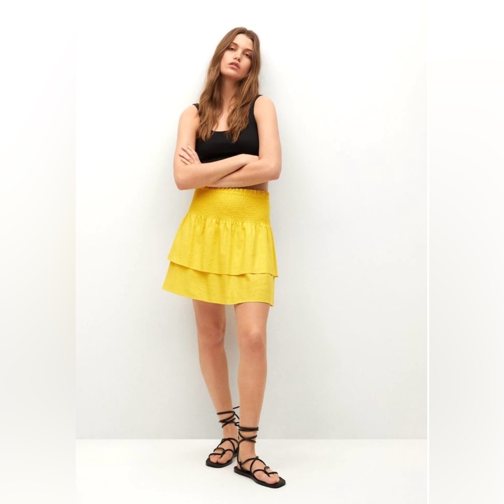 Mango Women’s Ruffled Linen blend Yellow Tiered Skirt, NWT women’s elastic waist - Picture 1 of 8